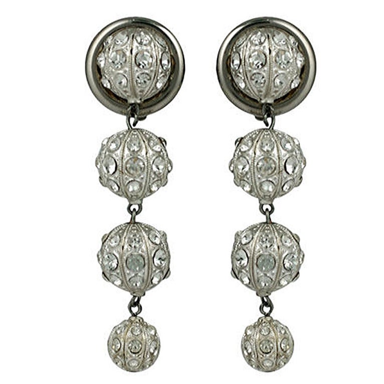 French Silver Sphere Couture Runway Long Crystal Earrings For Sale