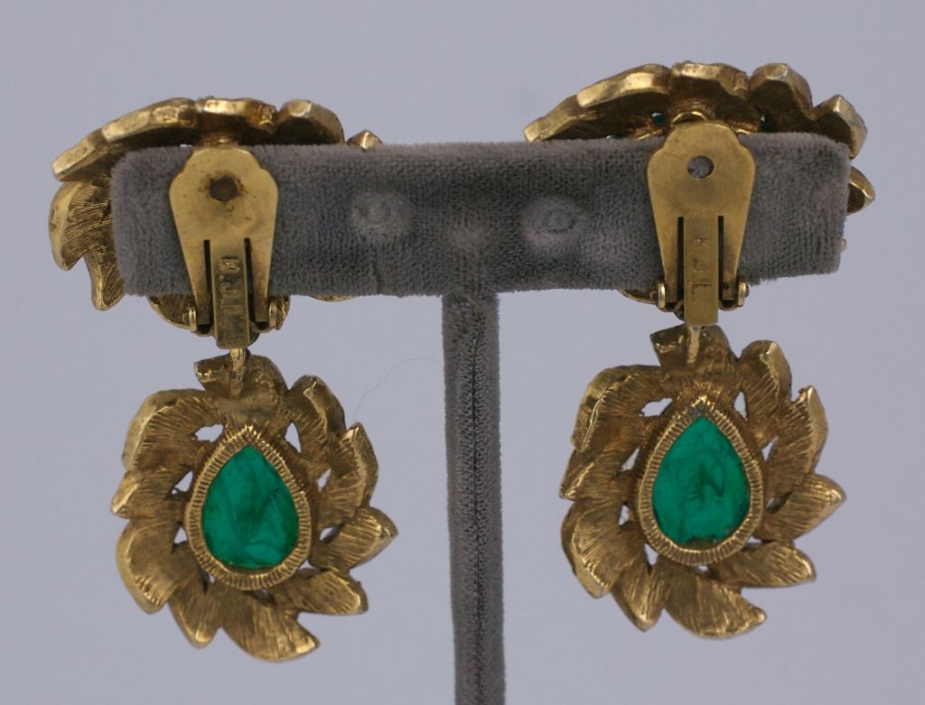 Faux Emerald and paste set dramatic earring by Kenneth Jay Lane circa 1960s. 2.5