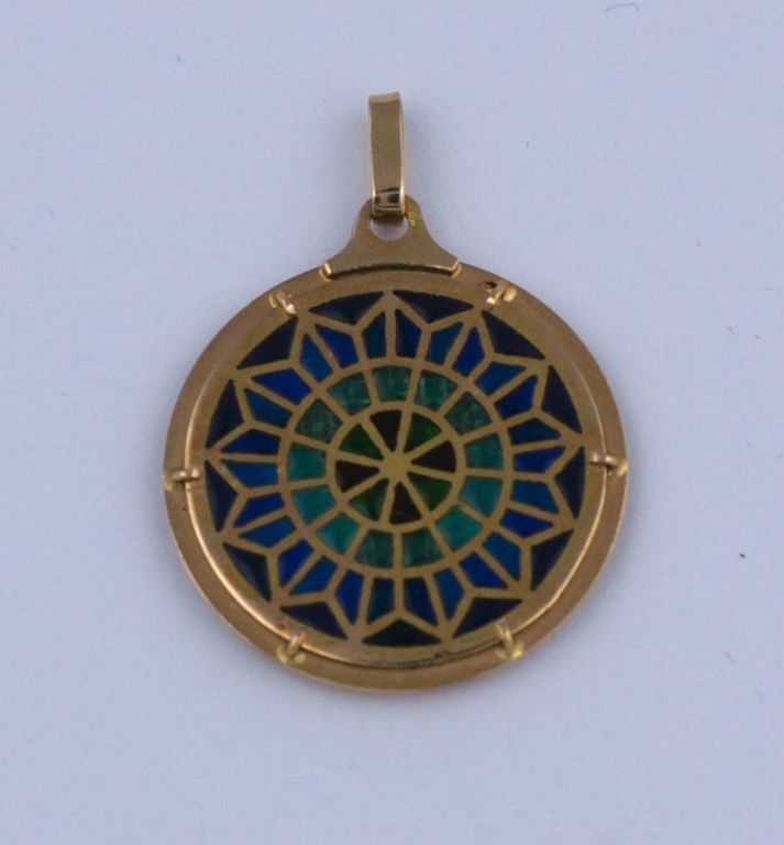 Lovely french pendant circa 1930s with stained glass plique a jour enamelling to replicate a stained glass window. Lovely Quality and condition. 1