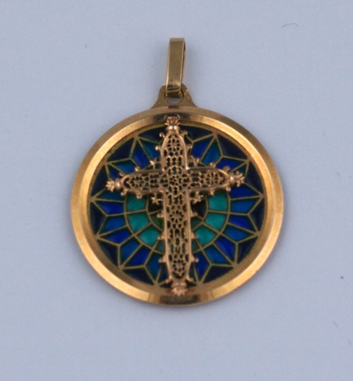 Art Deco 18K Plique a Jour Stained Glass Pendant, France 1930s