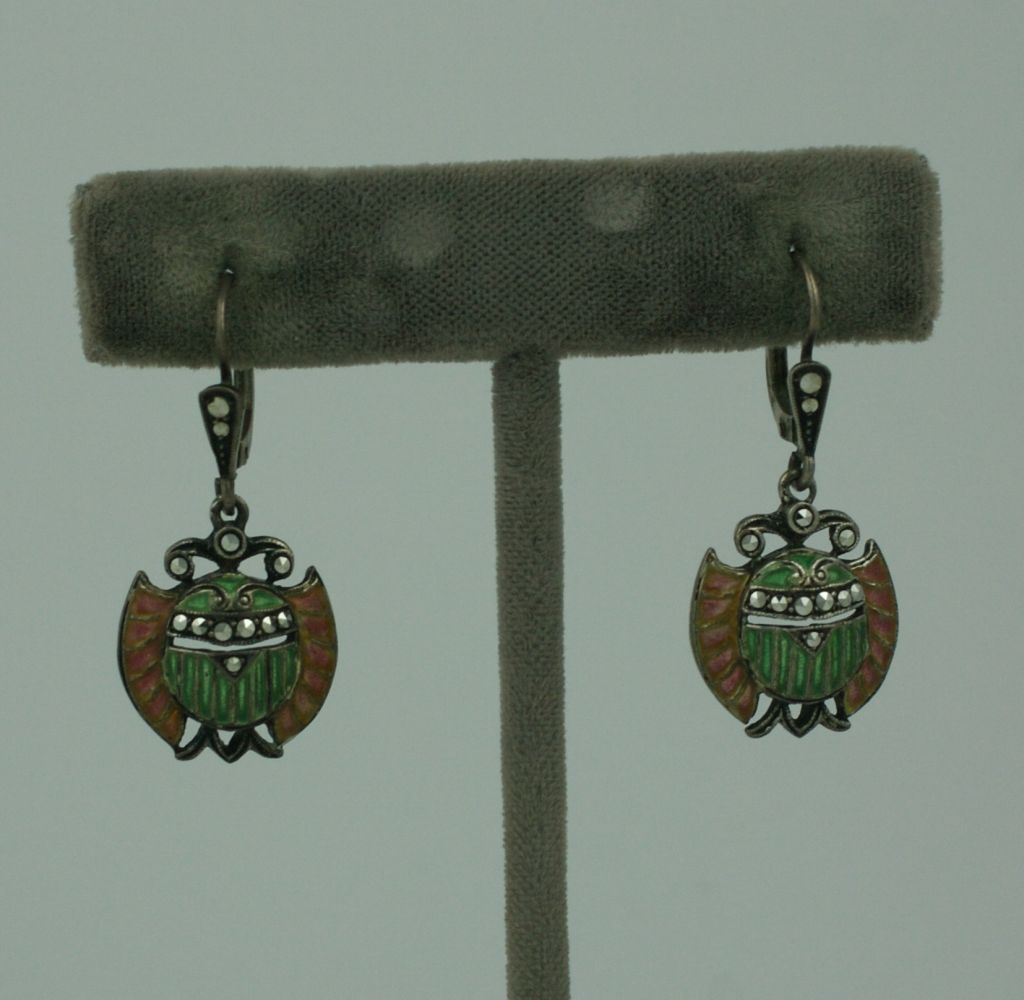 Plique a Jour Art Deco Egyptian Revival Earrings In Excellent Condition For Sale In New York, NY