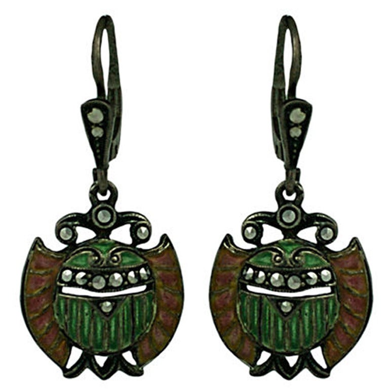 Plique a Jour Art Deco Egyptian Revival Earrings For Sale