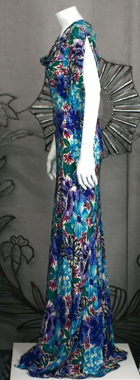 Blue Glamorous Floral Silk Crepe  Gown, 1930s