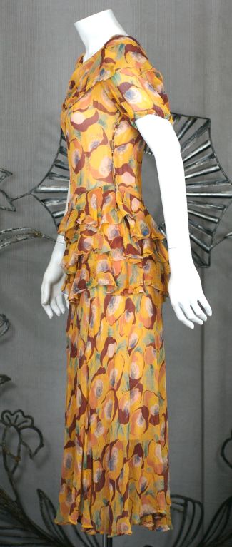 Brown Deco Chiffon Print Dress For Sale