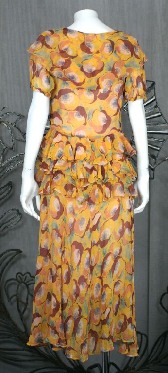 Brown Deco Chiffon Print Dress For Sale