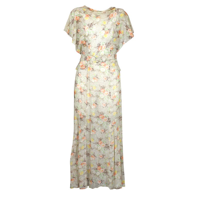 Floral Cotton Voile Afternoon Dress, 1930s For Sale