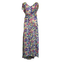 Robe de soirée drapée à imprimé floral des années 1930