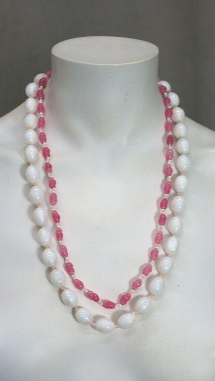 Miriam Haskell Rose Pink and White double strand necklace with white floral bead clasp.<br />
Length 25
