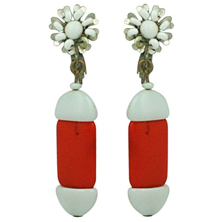 Miriam Haskell  Red and White Summer Earrings For Sale