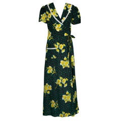 Antique Graphic Seersucker Floral Print 1930s Wrap Dress