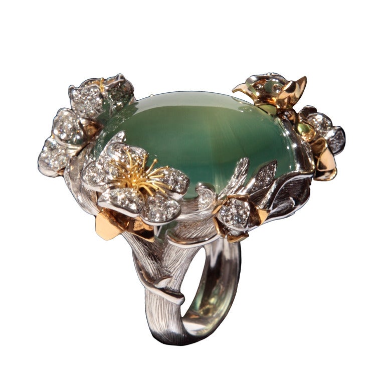  Prehnite stone diamond gold ring For Sale