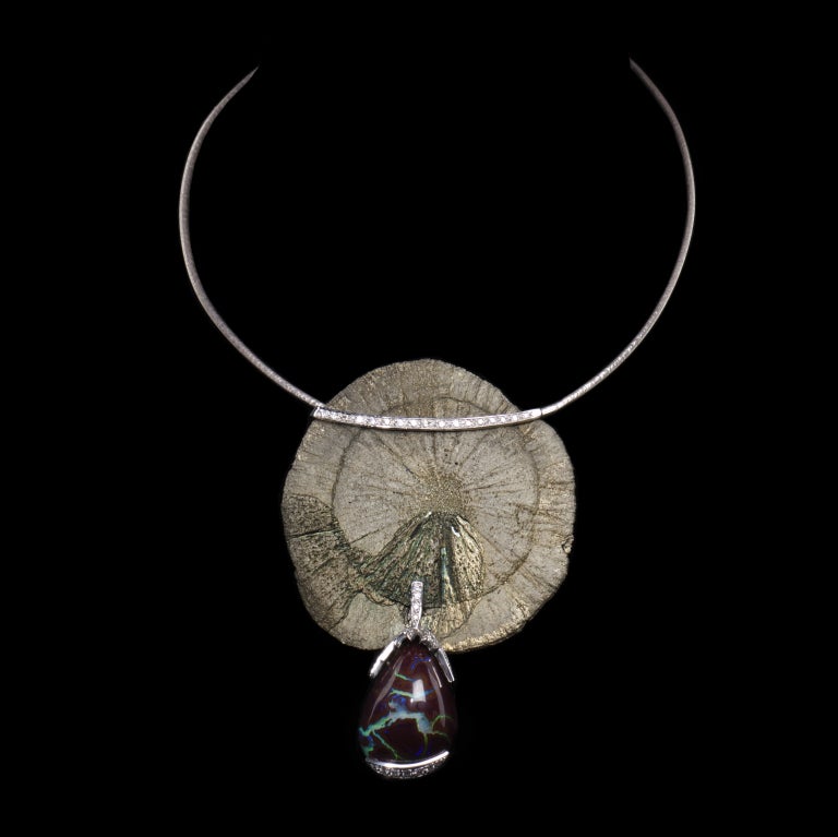 Grima Opale Boulder, Pyrite, white gold and diamonds necklace