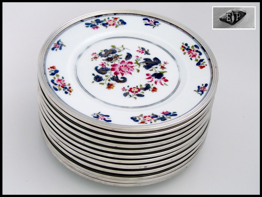 PUIFORCAT French Sterling Silver Limoges Porcelain Plates 12pc 2