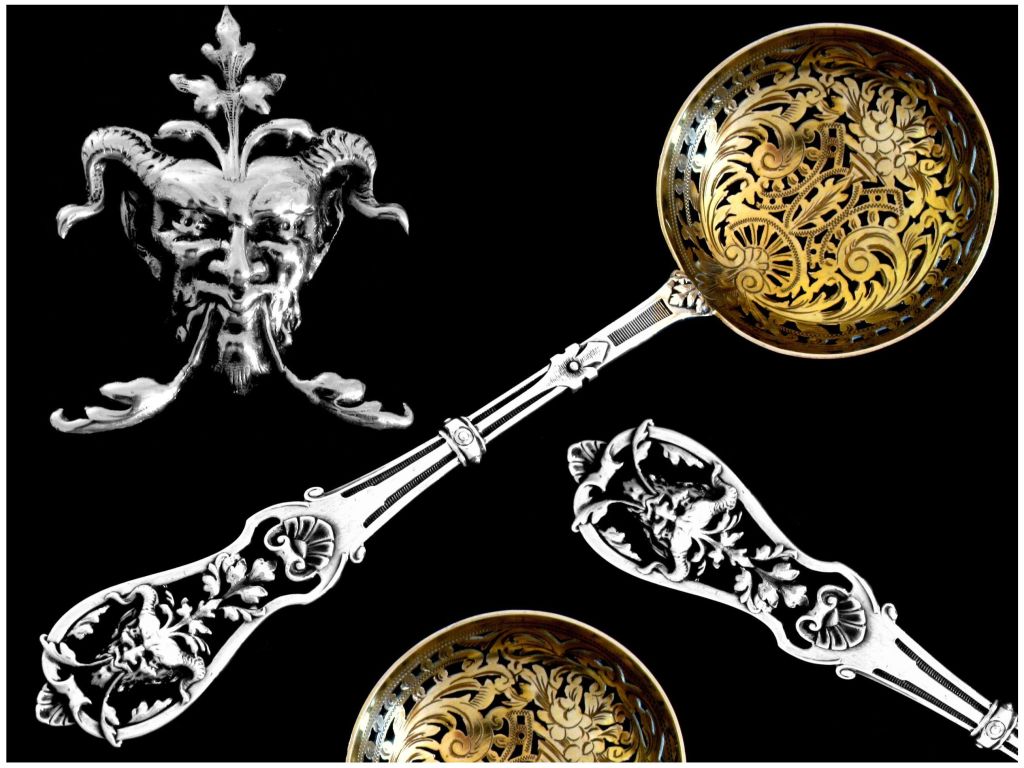 BOULENGER French All Sterling Silver Vermeil Sugar Sifter Spoon Satyr Mask