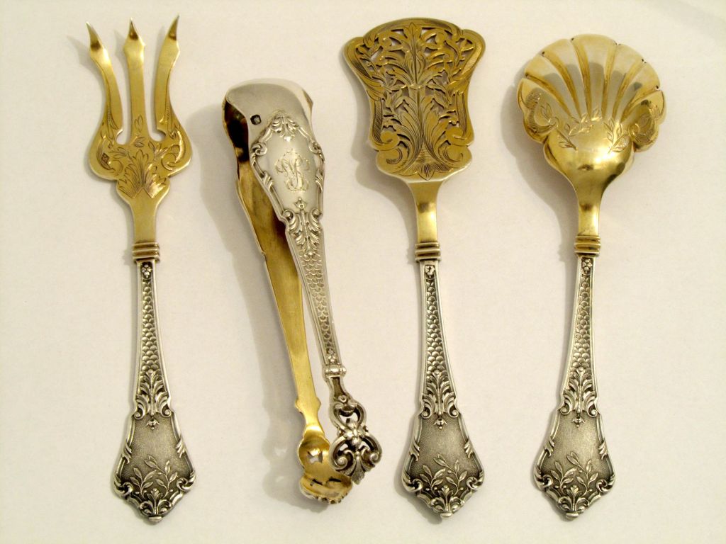 LAPAR French All Sterling Silver Vermeil Hors D'oeuvre Dessert Set 4 pc box For Sale 5