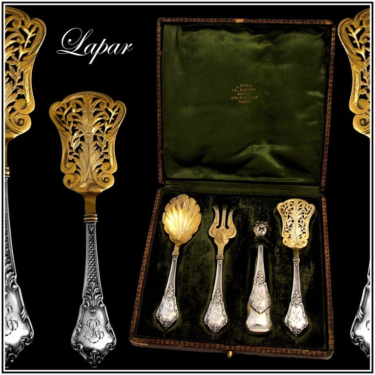 LAPAR Refined French All Sterling Silver Vermeil Dessert Hors D'oeuvre Set 4 pc w/original box

A set of truly exceptional quality, for the richness of their decoration, not only for their form and sculpting, but also for the multi-coloured which