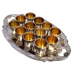 Gorgeous French All Sterling Silver Vermeil Liquor Cups 12pc with Tray Flowers