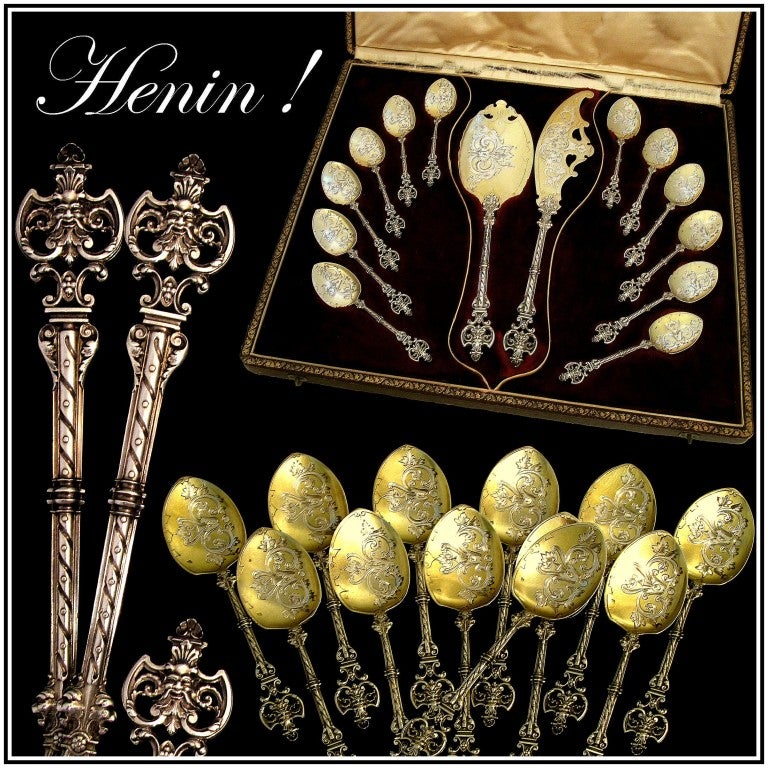 HENIN Rare French Sterling Silver Vermeil Ice Cream Set 14pc With Box Mascaron