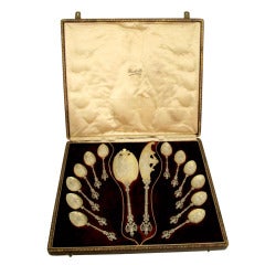 Antique HENIN Rare French Sterling Silver Vermeil Ice Cream Set 14pc With Box Mascaron