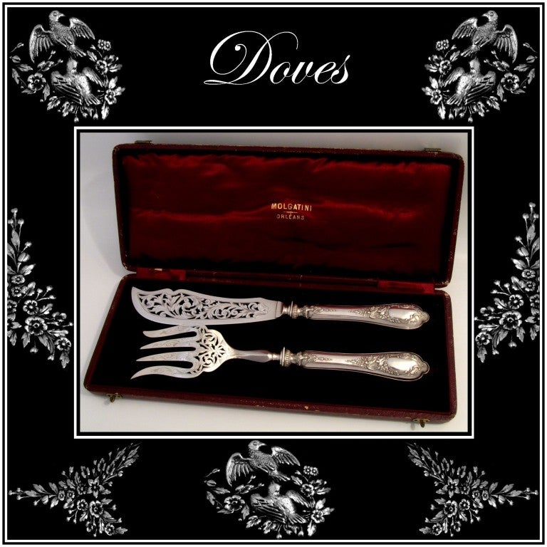 Unusual French Sterling Silver Fish Server Set 2pc with Original Box Dove's Couple