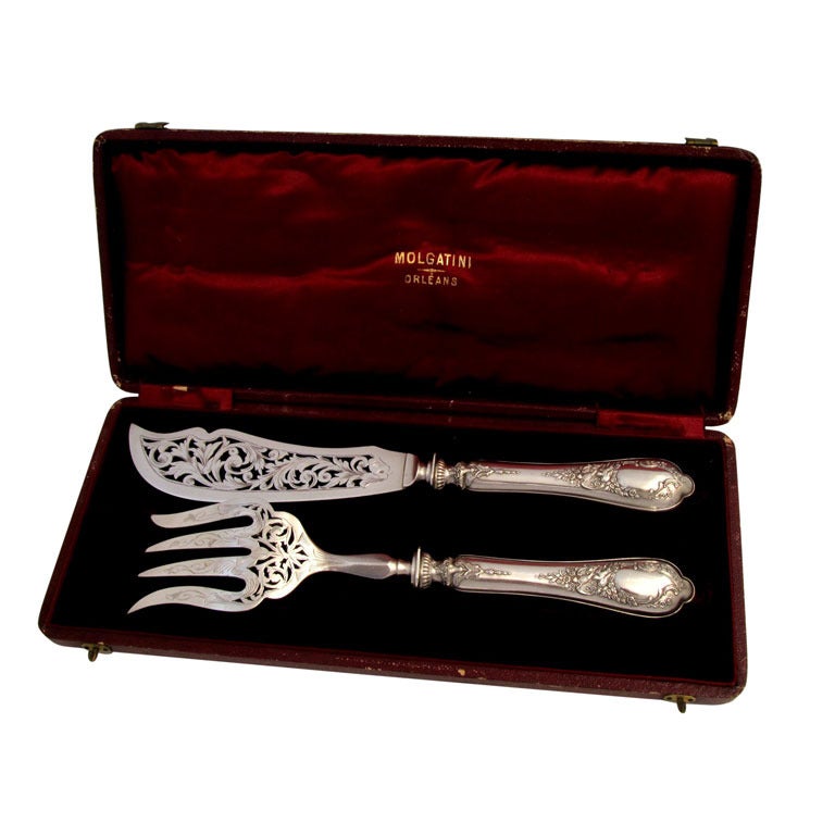 Unusual french sterling silver fish server set 2pc with original box