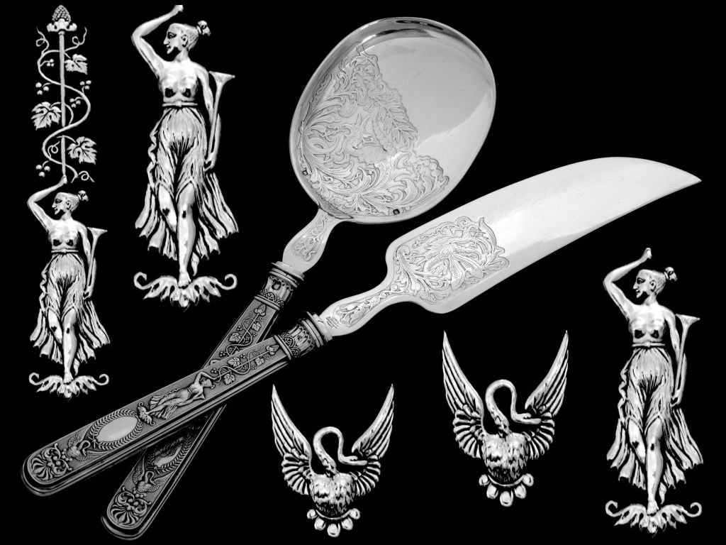 Rare French All Sterling Silver Ice Cream Set 2 pc Swans Goddess and Chimera