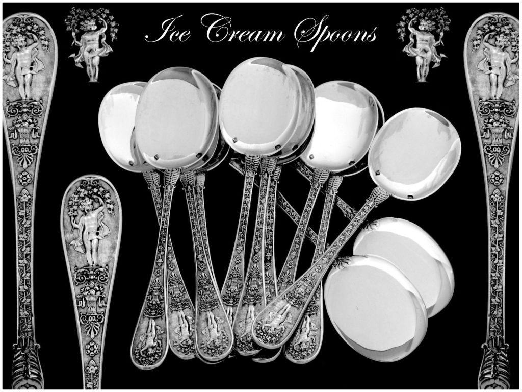 Rare French All Sterling Silver Ice Cream Spoons 12 pc Swan,Cornucopia, Putti

A rare set of truly exceptional quality, for the richness of Neo classical pattern. Handles decorated on a stippled backround with grape-vines, flowers and palmettes ,