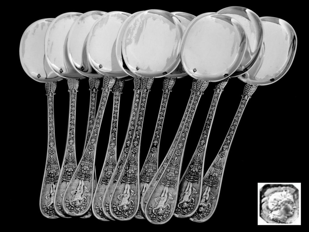 Neoclassical Rare French All Sterling Silver Ice Cream Spoons 12 pc Swan Cornucopia Putti For Sale