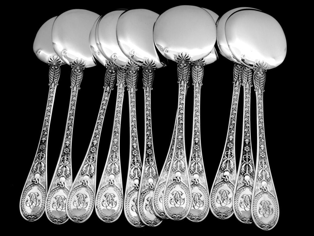 Women's or Men's Rare French All Sterling Silver Ice Cream Spoons 12 pc Swan Cornucopia Putti For Sale
