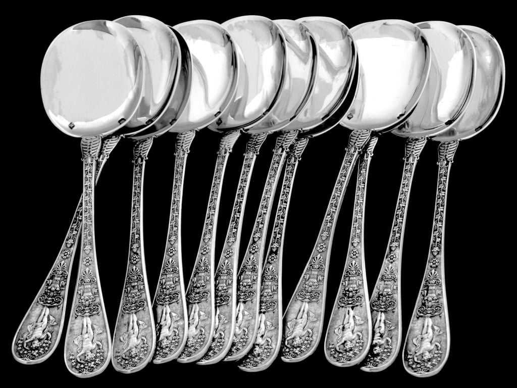 Rare French All Sterling Silver Ice Cream Spoons 12 pc Swan Cornucopia Putti For Sale 2
