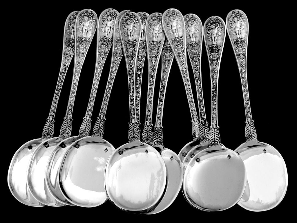 Rare French All Sterling Silver Ice Cream Spoons 12 pc Swan Cornucopia Putti For Sale 4
