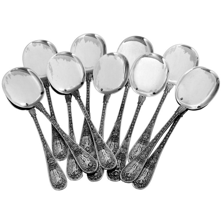 Rare French All Sterling Silver Ice Cream Spoons 12 pc Swan Cornucopia Putti For Sale