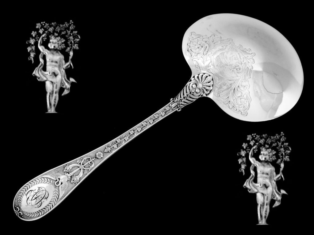 Neoclassical Queille Rare French All Sterling Silver Strawberry Spoon Swan Cornucopia putti For Sale
