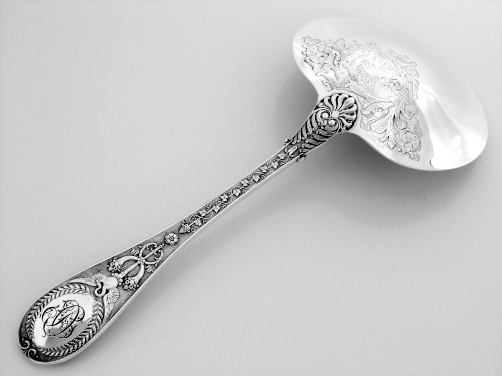 Women's or Men's Queille Rare French All Sterling Silver Strawberry Spoon Swan Cornucopia putti For Sale