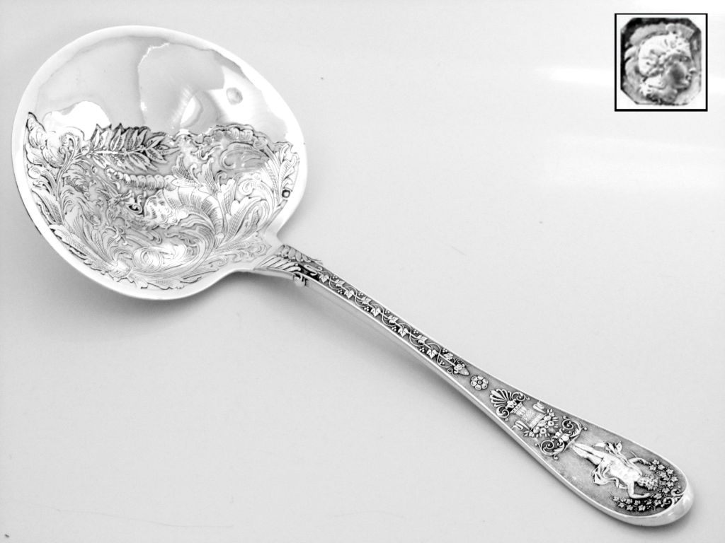 Queille Rare French All Sterling Silver Strawberry Spoon Swan Cornucopia putti For Sale 3
