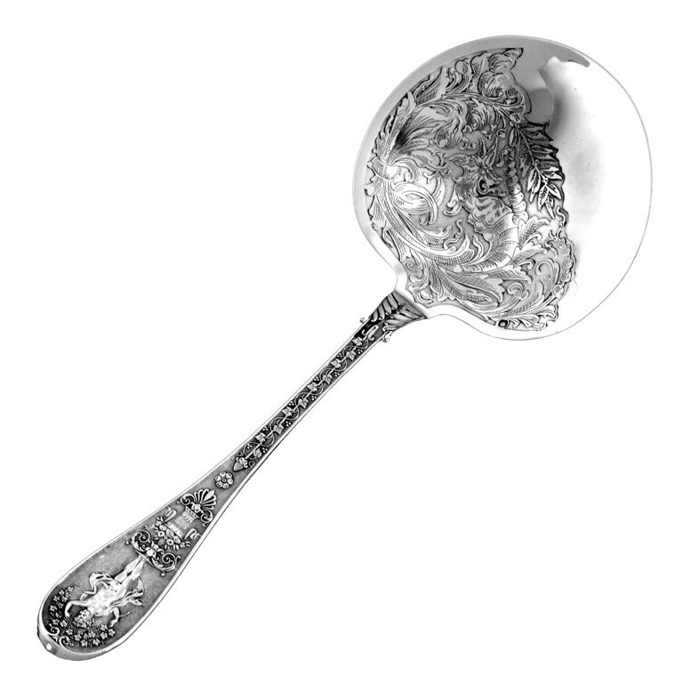 Queille Rare French All Sterling Silver Strawberry Spoon Swan Cornucopia putti For Sale