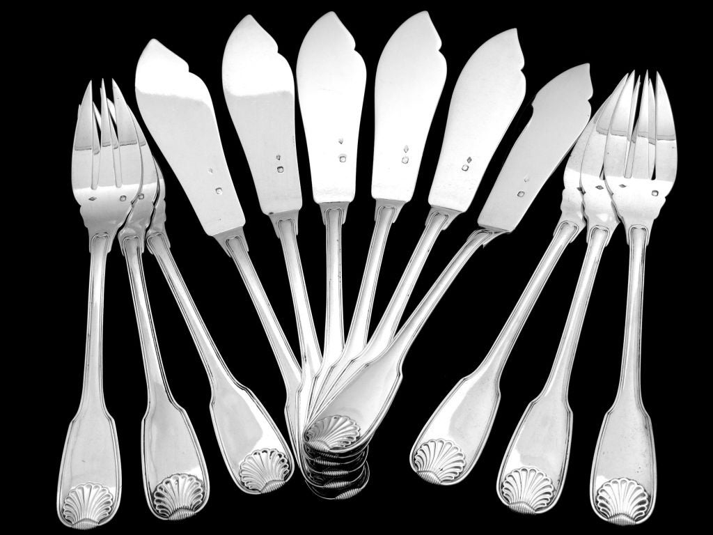 Antique French All Sterling Silver Fish Flatware 12pc Crown 5