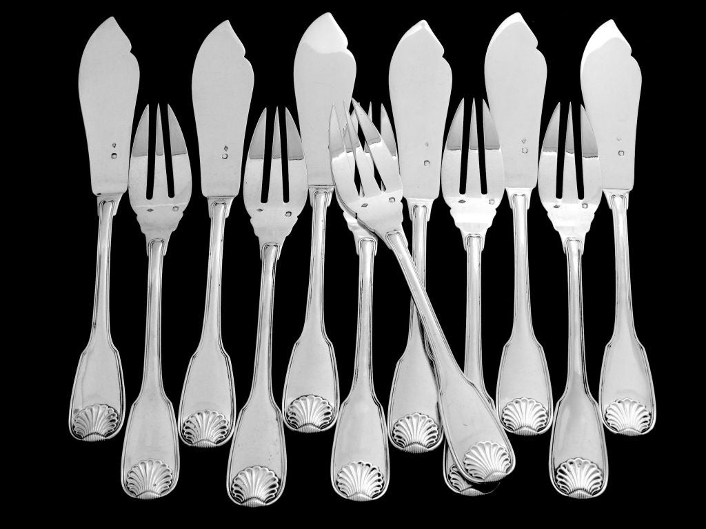 Victorian Antique French All Sterling Silver Fish Flatware 12pc Crown