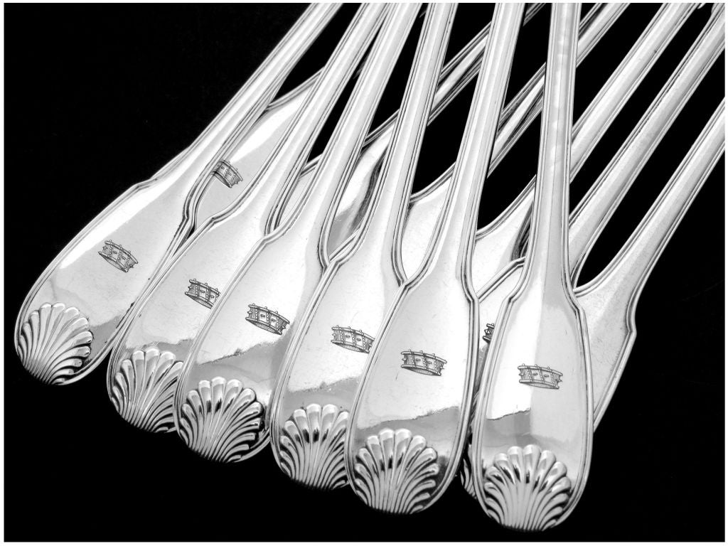 Antique French All Sterling Silver Fish Flatware 12pc Crown 3