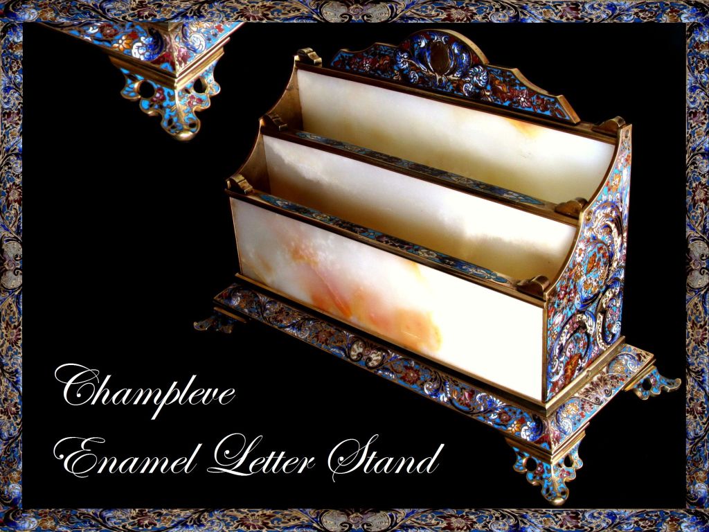 This fabulous letter stand, Table or Desk Accessory was made during the reign of last french Emperor Napoleon III. The enamel work is magnificent using gorgeous turquoirse blue, cream, dark blue... This features with champleve enamel work mounted on