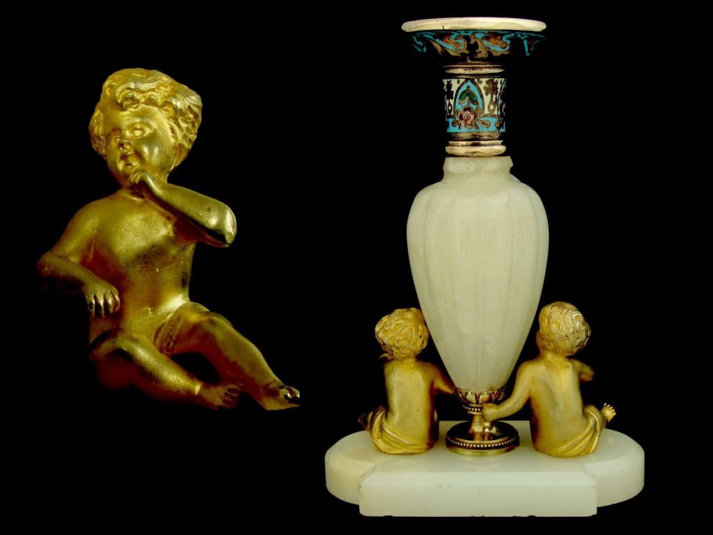 Women's or Men's Fabulous Antique French Champleve Enamel Vase with Gilt Bronze Cherubs