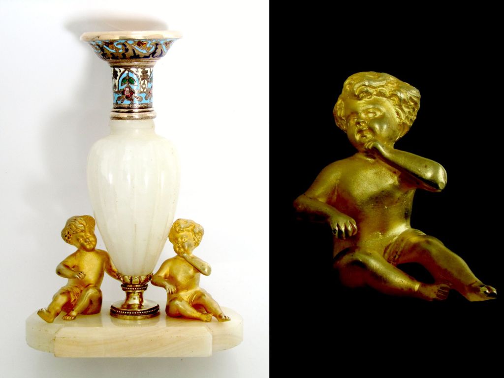 Fabulous Antique French Champleve Enamel Vase with Gilt Bronze Cherubs 3