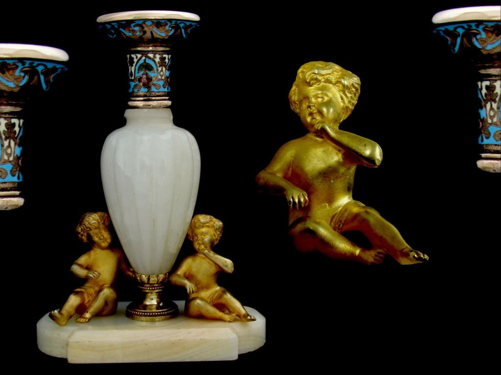 Fabulous Antique French Champleve Enamel Vase with Gilt Bronze Cherubs 4