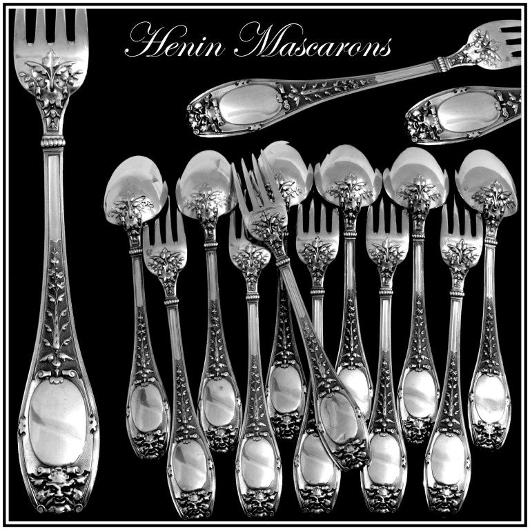 HENIN Incredible French Sterling Silver Dinner Flatware Set 12 pc Mascaron