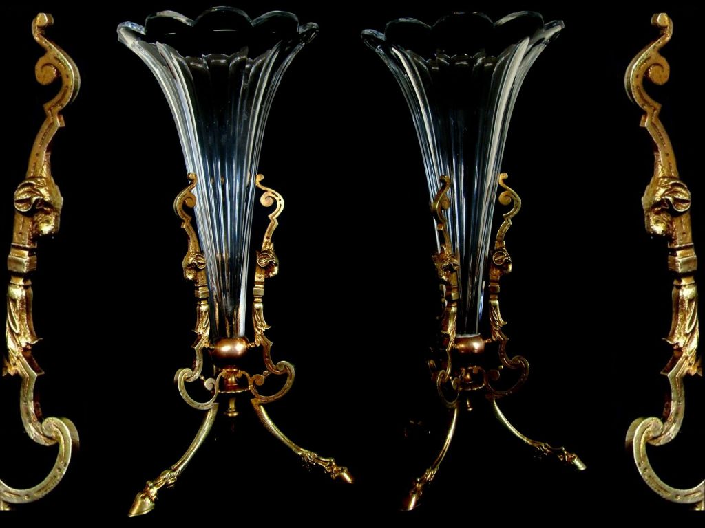 Pair Antique French Crystal and Bronze Epergne/Vases 10" Ram's Head