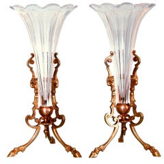 Pair Antique French Crystal and Bronze Epergne/Vases 10" Ram's Head