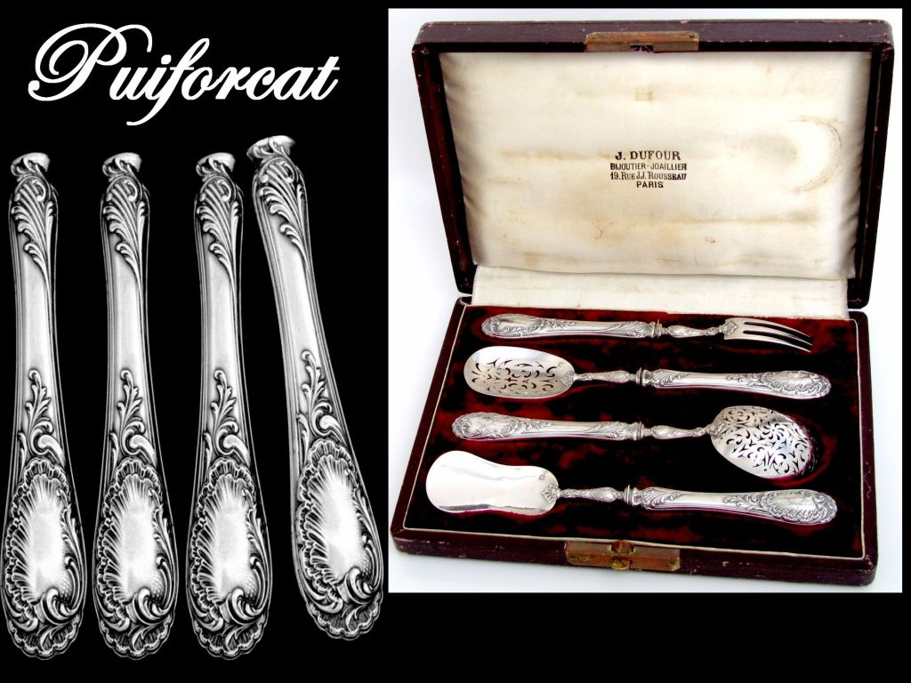 Art Nouveau PUIFORCAT French All Sterling Silver Hors-D'Oeuvre Set 4 pc with Box Rococo