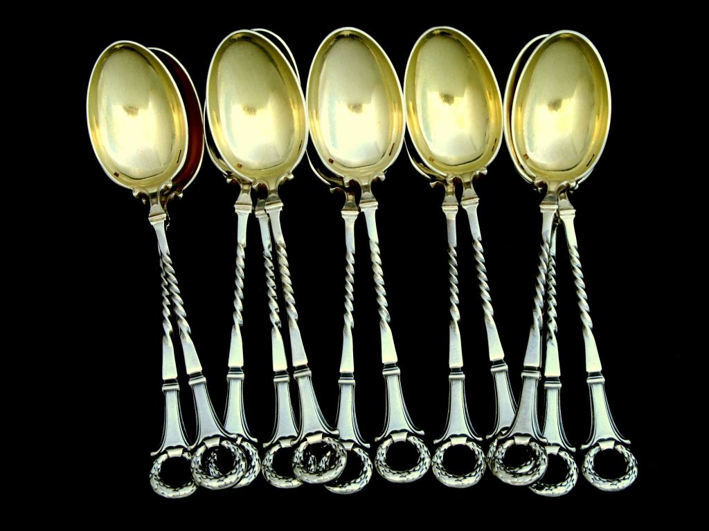CHRISTOFLE French Silver Spoon Set 12 pc Empire Pattern with Original Box 1