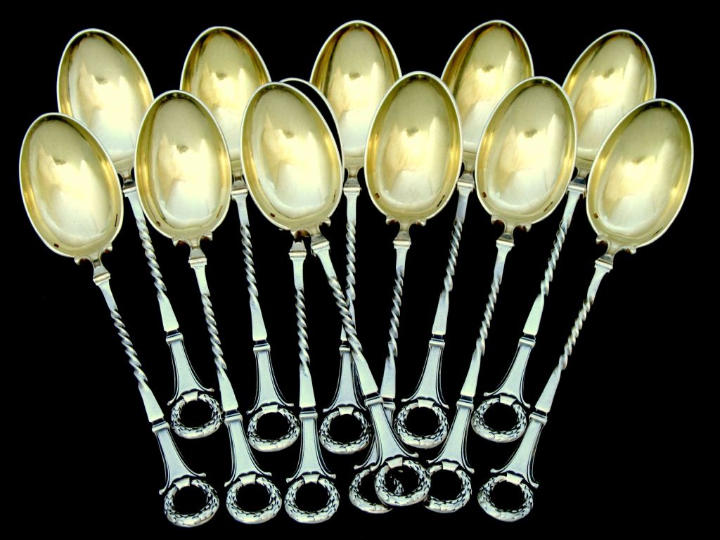 CHRISTOFLE French Silver Spoon Set 12 pc Empire Pattern with Original Box 4