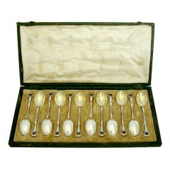 CHRISTOFLE French Silver Spoon Set 12 pc Empire Pattern with Original Box